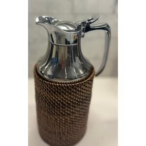 New Vintage MCM Broggi Thermal Carafe 18/8 Stainless Steel Rattan 1.5L Italy